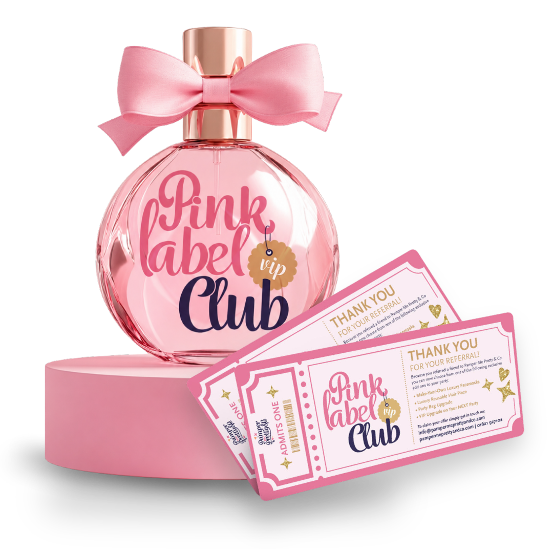 Pink Label Club branded perfume bottle and thank-you cards