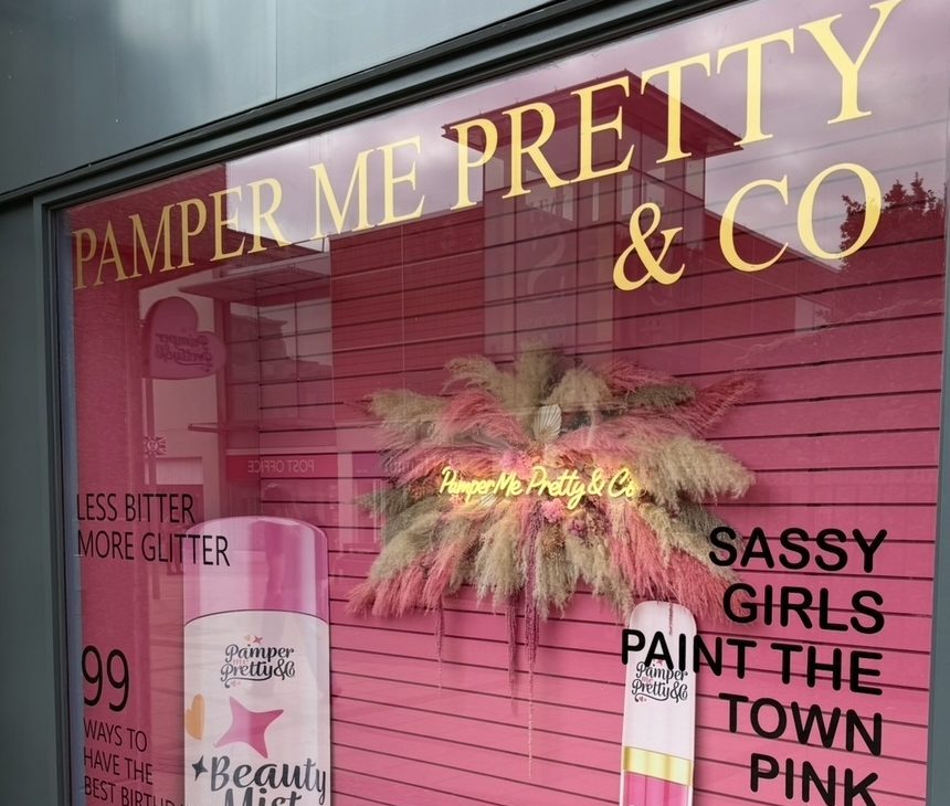 Pamper Me Pretty & Co shopfront window display in Brentwood showcasing Pamper Party Franchises