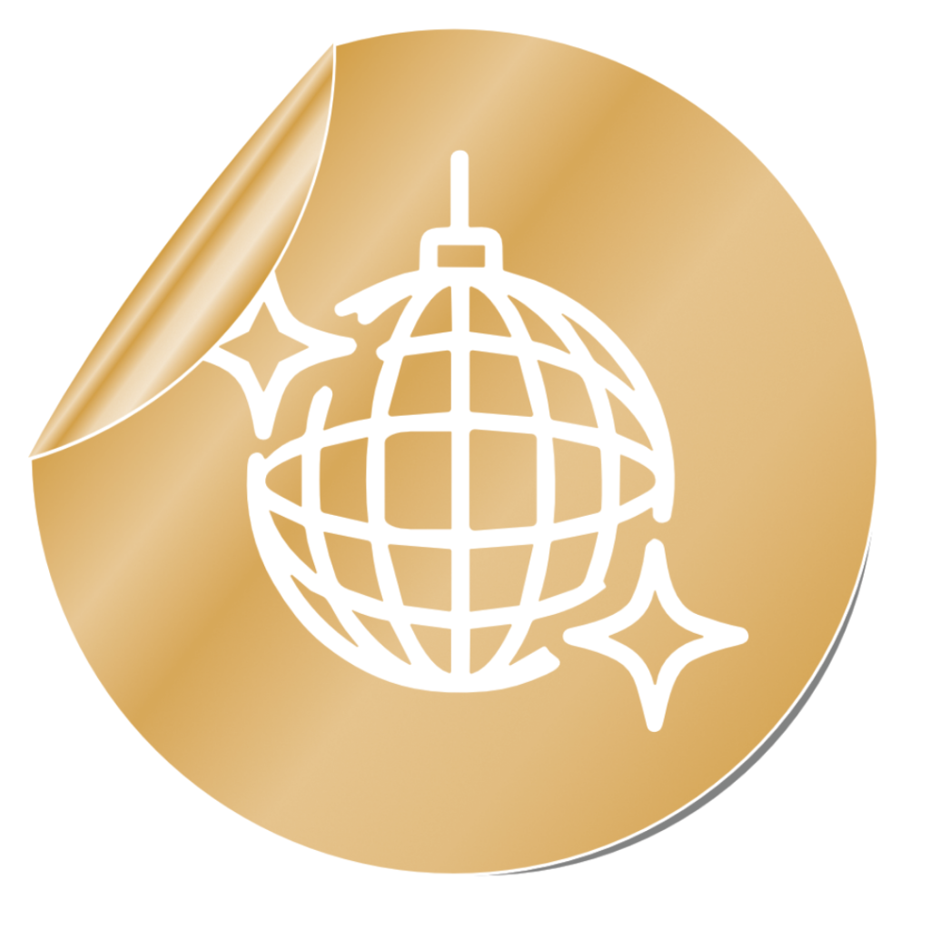 Gold party package badge with a glitter ball icon